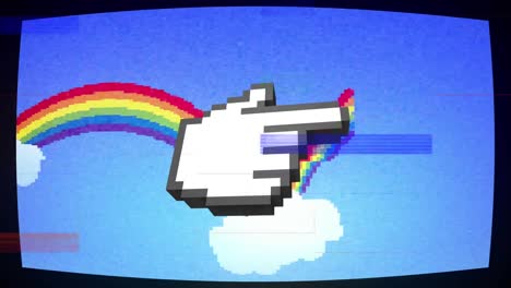 Animation-of-interference-over-hand-icon,-rainbow-and-sky-with-clouds