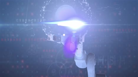 Animation-of-robotic-arm-with-lightbulb-and-data-processing-over-light-spots