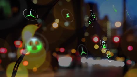 Animation-of-icon-in-circles-over-lens-flares-against-moving-vehicles-on-street-in-city