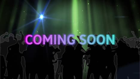 Animation-of-coming-soon-text-over-people-dancinc-and-glowing-light-trails