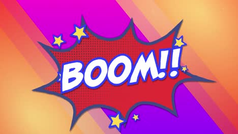 Animation-of-boom-text-with-exclamation-symbols,-stars-in-speech-bubble-against-abstract-background