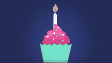 Animation-Eines-Cupcakes-Mit-Kerze-Auf-Blauem-Hintergrund
