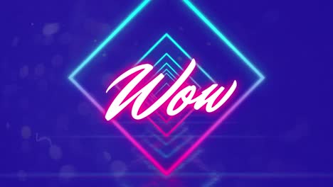 Animation-of-wow-text-over-neon-diamonds-and-purple-background