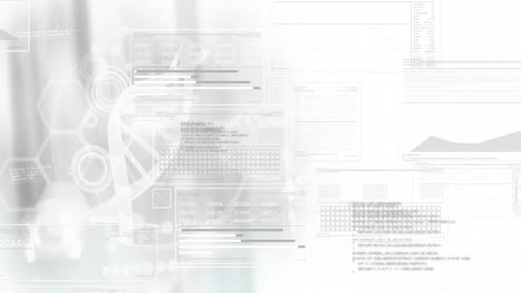 Animation-of-dna-strand-spinning-and-data-processing-on-white-background