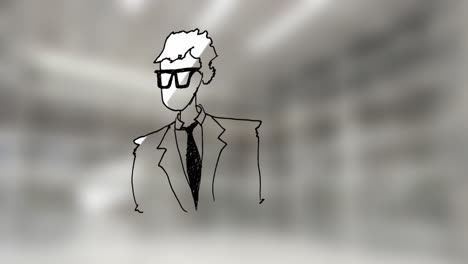 Animation-of-illustration-of-businessman-over-out-of-focus-office-space