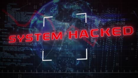 Animation-of-system-hacked-text-with-data-processing-over-globe