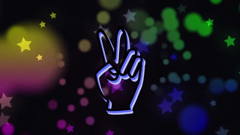 Animation-of-neon-victory-sign-over-stars-and-glowing-spots-on-black-background