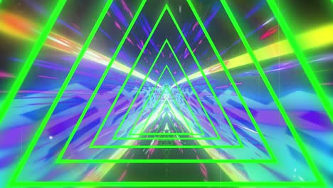 Animation-of-green-neon-traingles-moving-in-seamless-loop-over-light-trails