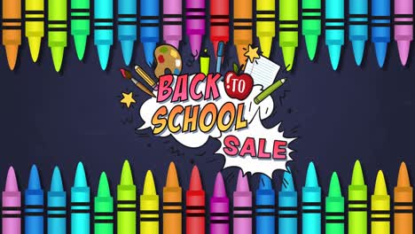 Animation-of-back-to-school-sale-text-over-multi-colored-crayons-on-black-background