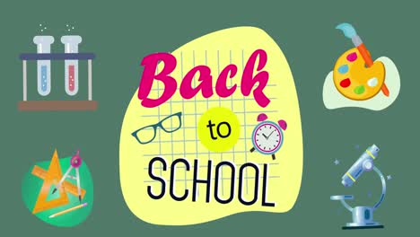 Animation-of-back-to-school-text-and-school-icons-on-green-background