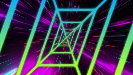 Animation-of-blue-and-green-neon-shapes-moving-in-seamless-loop-over-light-trails