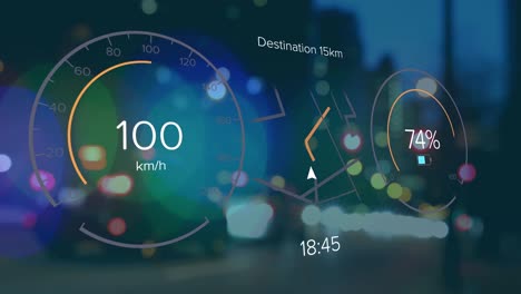 Animation-of-car-speedometer-dashboard-and-data-processing-over-city-lights