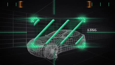 Animation-of-grid-patterned-3d-car-with-lines-in-viewfinder-and-changing-numbers-on-black-background