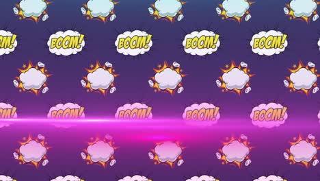 Animation-of-boom-text-and-exclamation-sign-in-clouds-over-lens-flares-on-blue-background