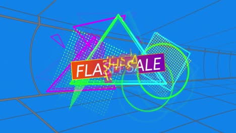 Animation-of-flash-sale-text-and-abstract-neon-shapes-on-blue-background