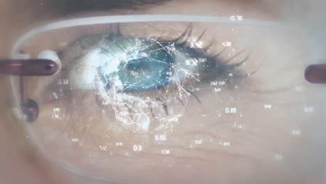 Animation-of-data-processing-over-woman's-eye-and-glasses