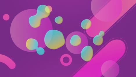 Animation-of-green-and-yellow-blobs-over-purple-shapes-on-purple-background