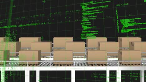Animation-of-grid-pattern-and-computer-language-over-cardboard-boxes-on-conveyor-belt