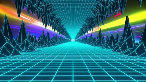 Animation-of-metaverse-with-grid-on-multi-coloured-background