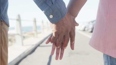 Close-up-of-senior-african-american-couple-holding-hands-on-promenade-by-the-sea,-slow-motion