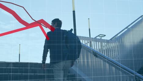 Animation-of-financial-data-processing-with-red-lines-over-asian-businessman-walking-up-stairs