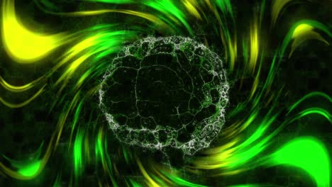 Animation-of-spinning-brain-over-green-shapes-on-black-background