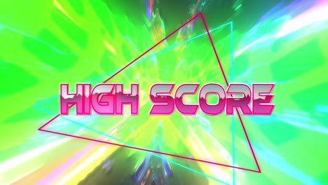 Animation-of-high-score-text-and-triangle-on-multi-coloured-background