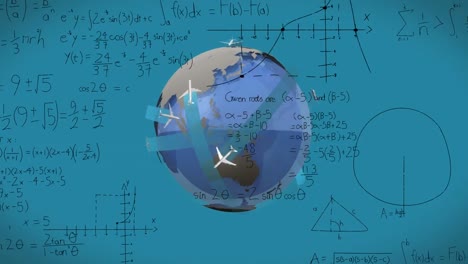 Animation-of-mathematical-equations-and-diagrams-over-plane-moving-around-globe-on-blue-background
