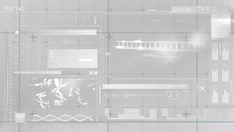 Animation-Von-DNA-Helixen,-Diagrammen,-Ladebalken,-Zahlen,-Computersprache-Auf-Abstraktem-Hintergrund