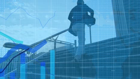 Animation-of-financial-data-processing-over-asian-businessman-running-up-stairs