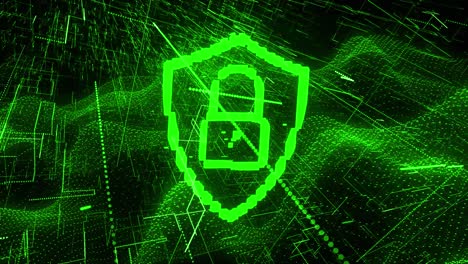 Animation-of-green-spots-moving-and-padlock-in-shield-icon-over-black-background