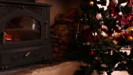 Fire-burning-in-fireplace-beside-christmas-tree