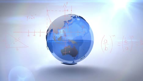 Animation-of-globe-spinning-and-mathematical-formulae-on-white-background