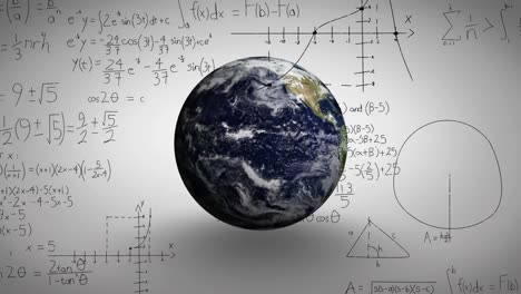 Animation-of-mathematical-equations-and-diagrams-over-rotating-globe-against-white-background