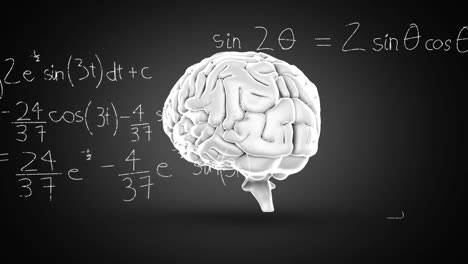 Animation-of-human-brain-over-mathematical-equations-and-diagrams-against-black-background
