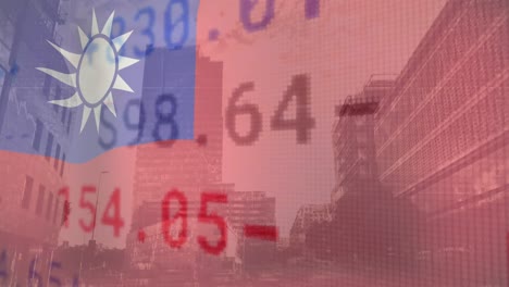 Animation-of-flag-of-taiwan-over-stock-market-and-cityscape