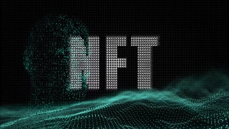 Animation-of-nft-text-over-dots-forming-human-face-and-waves-against-black-background