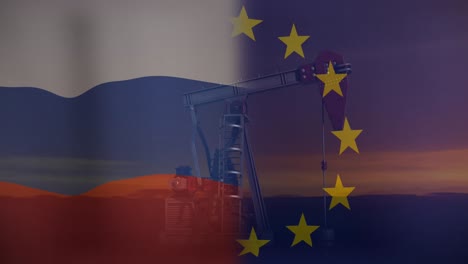 Animation-Der-Flaggen-Russlands-Und-Der-EU-über-Der-Ölpumpe
