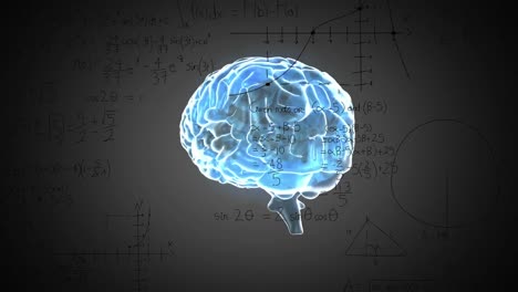Animation-of-human-brain-over-mathematical-equations-and-diagram-against-abstract-background