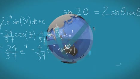 Animation-Mathematischer-Gleichungen-Und-Diagramme-über-Rotierendem-Globus-Vor-Blauem-Hintergrund