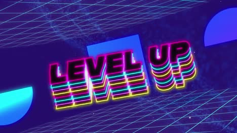 Animation-Von-Level-Up-Text-über-Raster-Auf-Violettem-Hintergrund