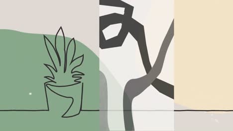 Animación-De-Formas-En-Movimiento-Y-Dibujo-De-Plantas-Sobre-Fondo-Colorido