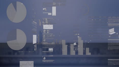 Animation-of-infographic-interface-over-modern-cityscape-against-clear-sky