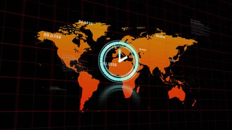 Animation-of-clock-ticking,-numbers-and-data-processing-over-world-map