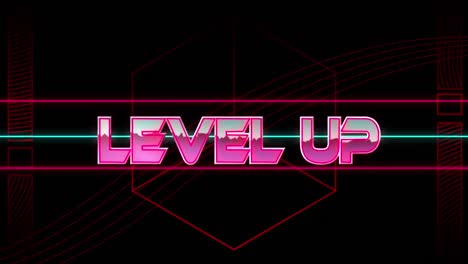 Animation-of-level-up-over-neon-lines-with-glitch-on-black-background