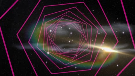 Animation-Von-Sternen-über-Spiralförmigem-Neontunnel-Auf-Nahtloser-Schleife-Auf-Schwarzem-Hintergrund