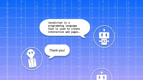 Animation-of-ai-bot-conversation-and-binary-coding-on-speech-bubbles-over-blue-background