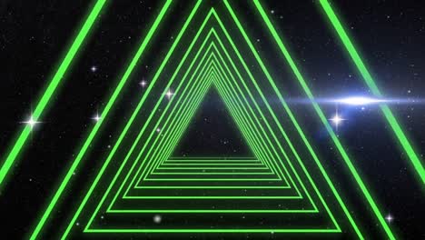 Animation-Von-Sternen-über-Grünem-Dreieck-Neontunnel-Auf-Nahtloser-Schleife-Auf-Schwarzem-Hintergrund