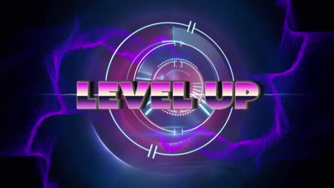 Animation-of-level-up-text-over-scope-and-purple-glowing-light-trails