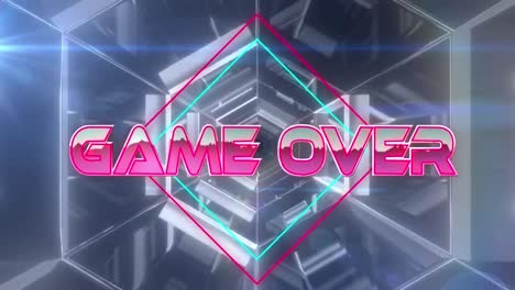 Animation-of-game-over-over-neon-lines-with-glitch-and-tunnel